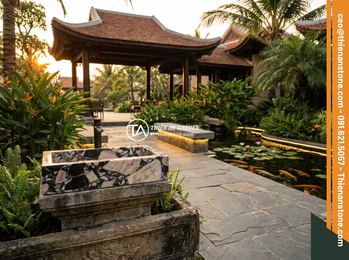 Đôn đá cổ kết hợp trang trí sân vườn truyền thống: Ý tưởng và mẫu tham khảo - Luxury Vietnamese resort garden featuring ancient stone pedestals integrated wit