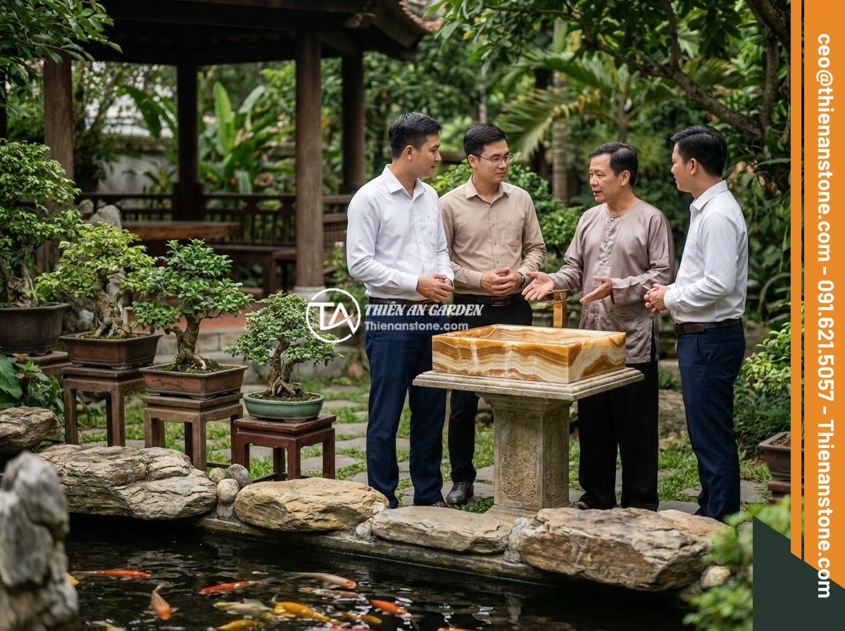 Đôn đá cổ kết hợp trang trí sân vườn truyền thống: Ý tưởng và mẫu tham khảo - Professional team of Da Canh Thien An consulting with homeowner in a beautifully