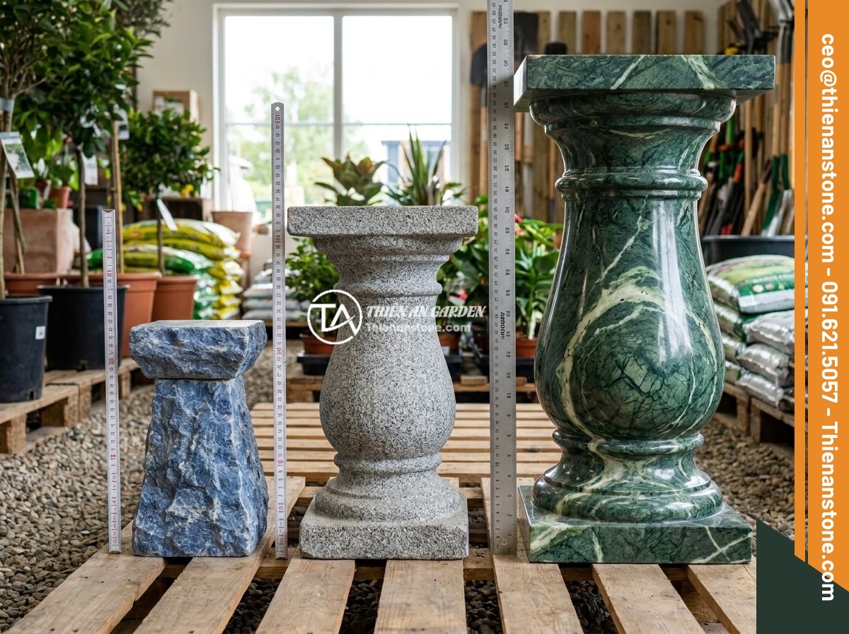 Đôn đá cổ kết hợp trang trí sân vườn truyền thống: Ý tưởng và mẫu tham khảo - Comparison display of different sizes of ancient stone pedestals from small to l