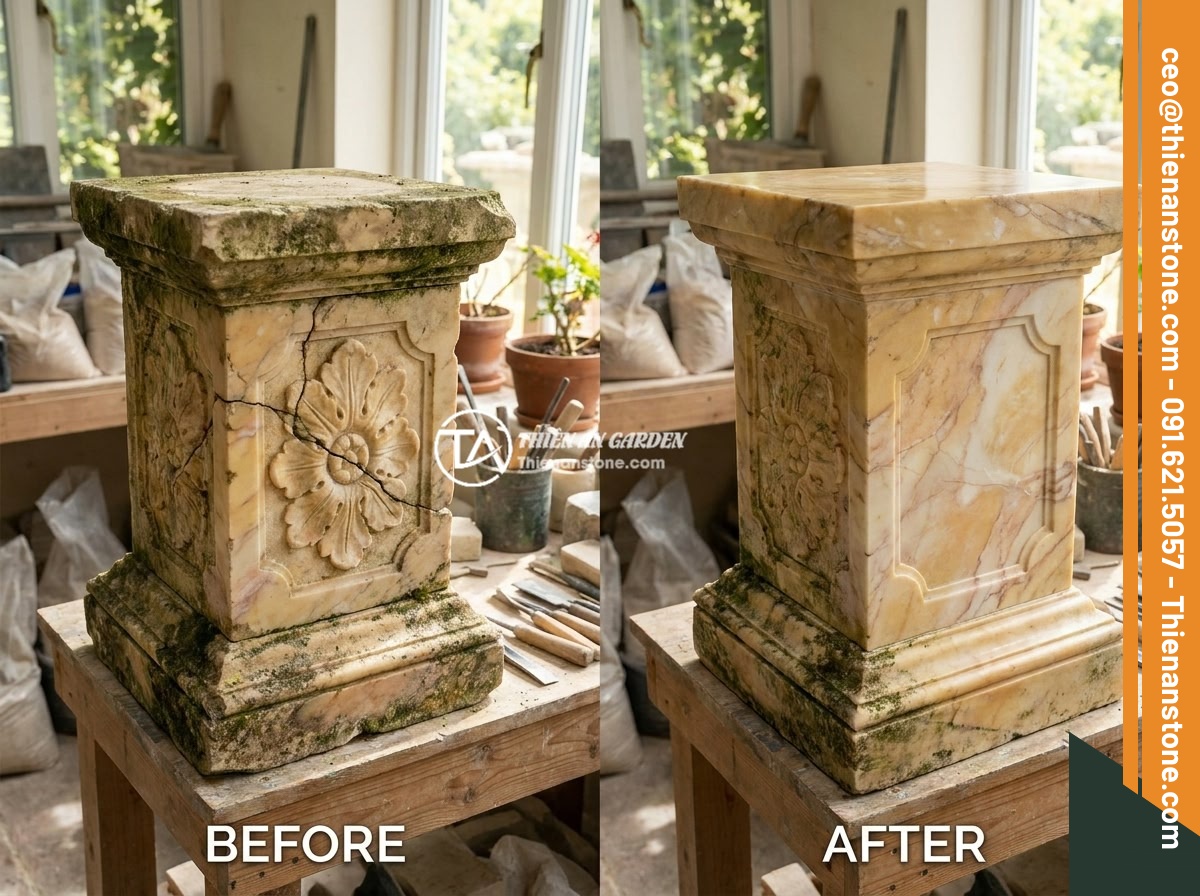 Đôn đá cổ kết hợp trang trí sân vườn truyền thống: Ý tưởng và mẫu tham khảo - Before and after restoration of an antique stone pedestal showing careful repair