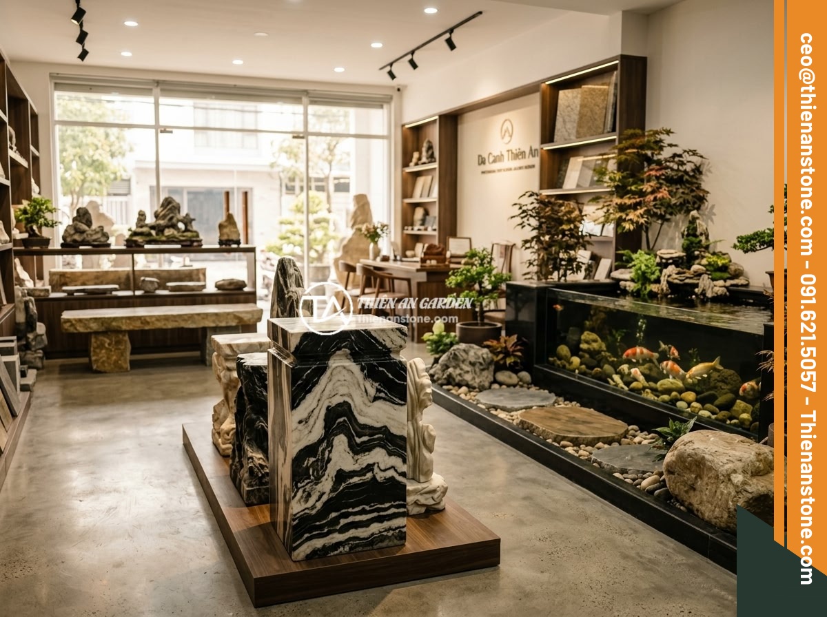 Đôn đá cổ là gì? Phong cách thiết kế và ứng dụng cho biệt thự, resort sang trọng - Professional showroom of Da Canh Thien An featuring an elegant display of variou