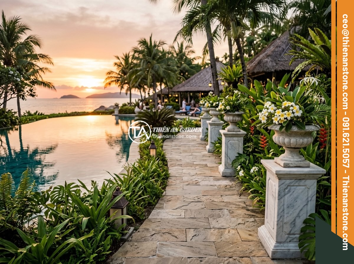 Đôn đá cổ là gì? Phong cách thiết kế và ứng dụng cho biệt thự, resort sang trọng - Tropical luxury resort garden with antique stone pedestals lining a walkway besi