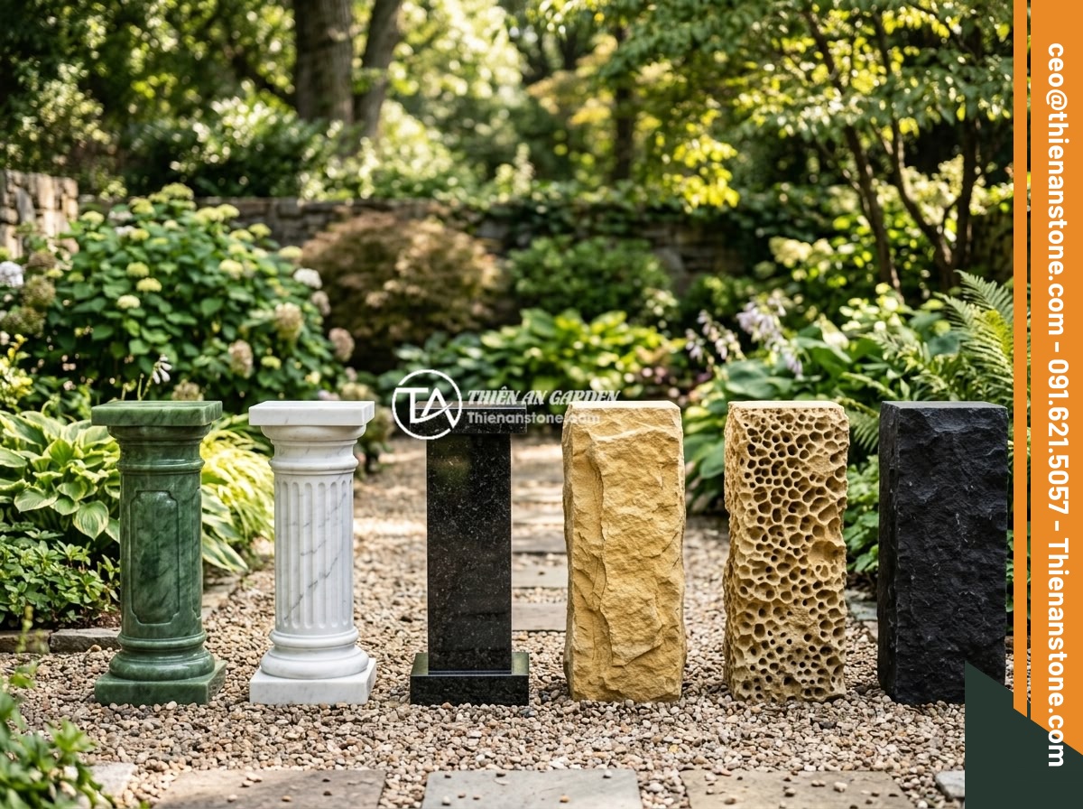 Đôn đá cổ là gì? Phong cách thiết kế và ứng dụng cho biệt thự, resort sang trọng - Comparison display of six different stone pedestals made from various materials 