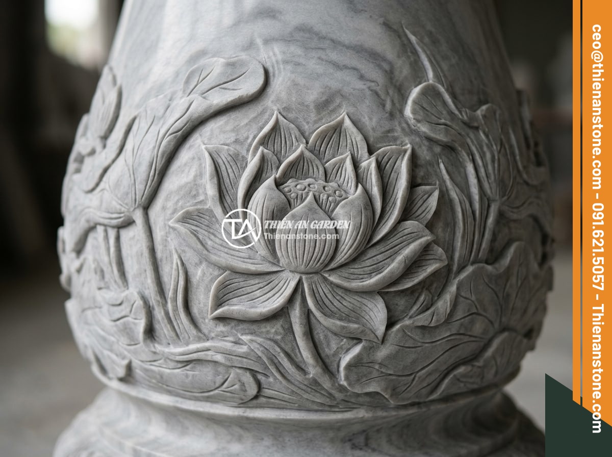 Đôn đá cổ là gì? Phong cách thiết kế và ứng dụng cho biệt thự, resort sang trọng - Close-up detail shot of high-quality hand-carved stone pedestal showing intricat