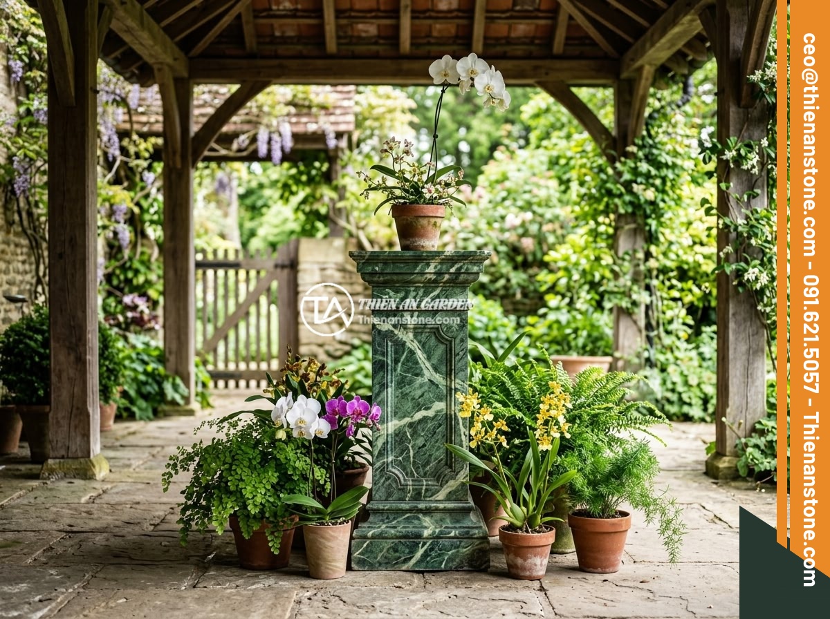 Đôn đá cổ là gì? Phong cách thiết kế và ứng dụng cho biệt thự, resort sang trọng - Well-maintained antique stone pedestal in a covered garden veranda, showing the 