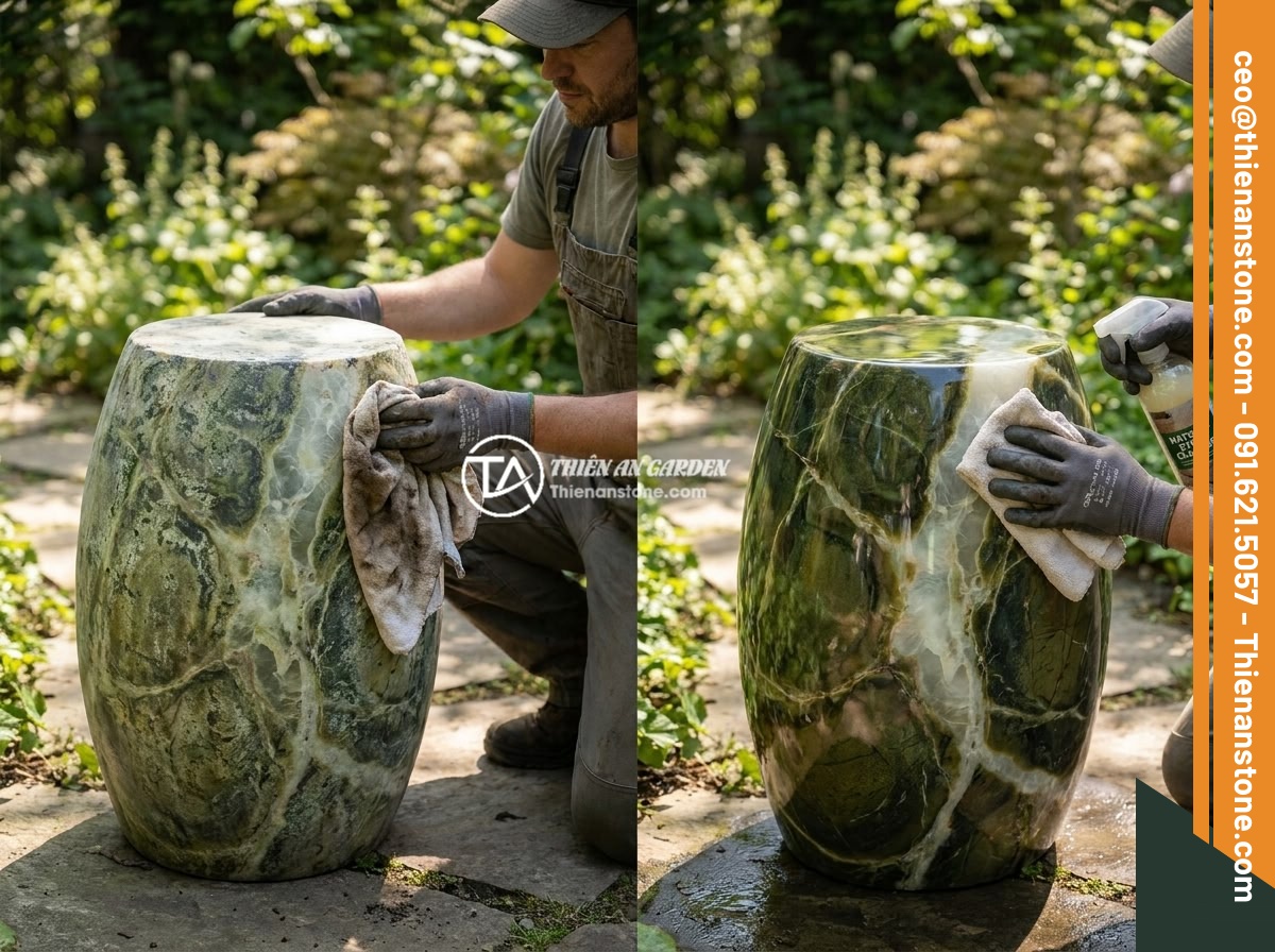 Đôn đá kê cây cảnh lớn cho không gian rộng: Gợi ý mẫu và kích thước phù hợp - A gardener cleaning and maintaining a large natural stone pedestal in a garden, 