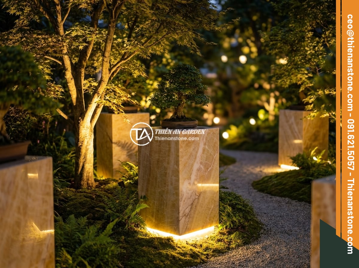 Đôn đá kê cây cảnh lớn cho không gian rộng: Gợi ý mẫu và kích thước phù hợp - A stunning nighttime garden scene with large stone pedestals illuminated by hidd