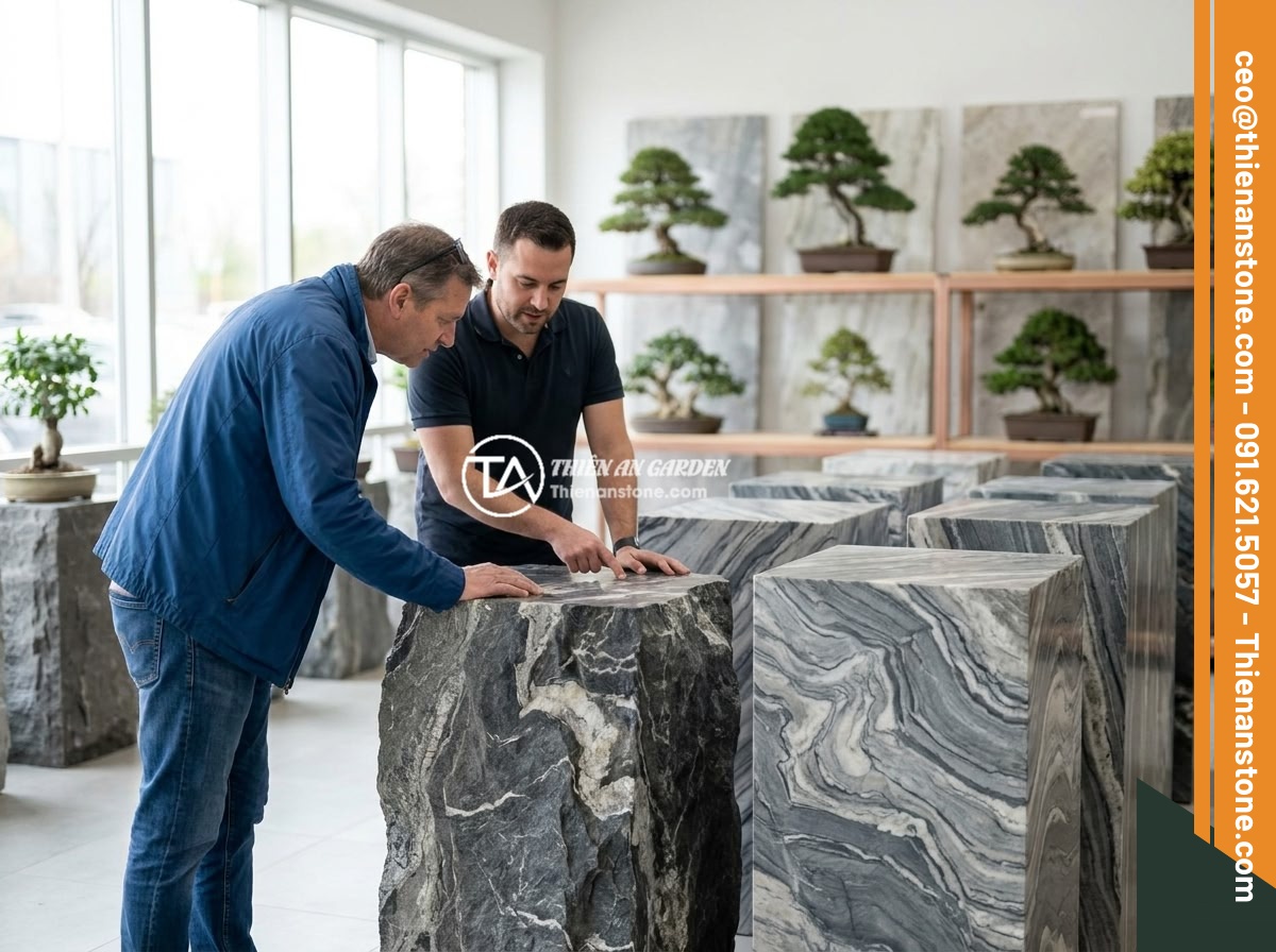 Đôn đá kê cây cảnh lớn cho không gian rộng: Gợi ý mẫu và kích thước phù hợp - A customer consulting with a stone expert at a natural stone showroom, examining