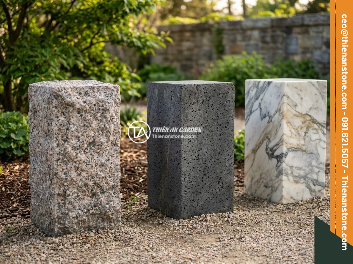 Đôn đá kê cây cảnh lớn cho không gian rộng: Gợi ý mẫu và kích thước phù hợp - Close-up comparison of different natural stone pedestals showing granite, basalt