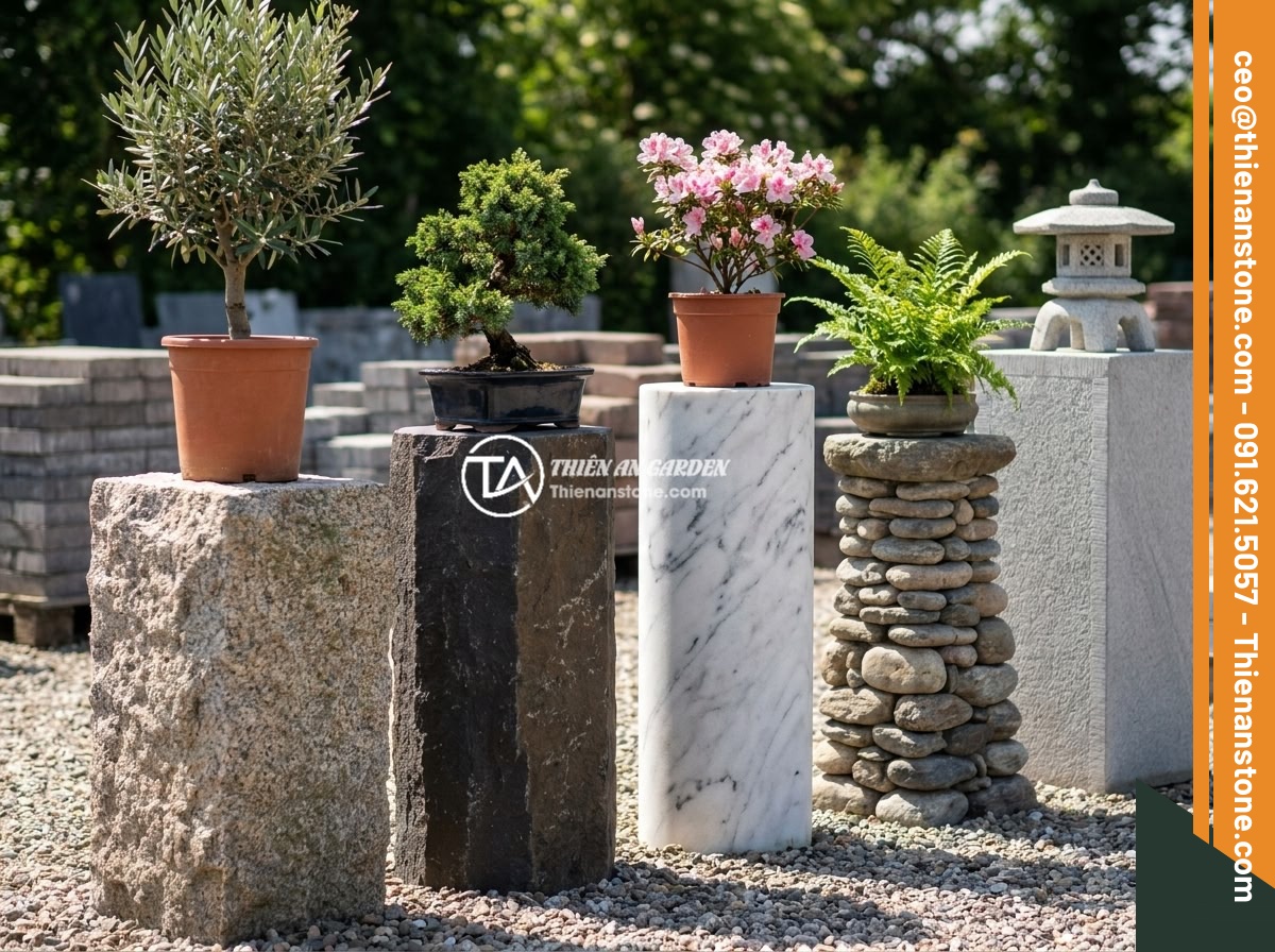 Đôn đá kê cây cảnh lớn cho không gian rộng: Gợi ý mẫu và kích thước phù hợp - Four different types of natural stone pedestals lined up in a garden showroom, i