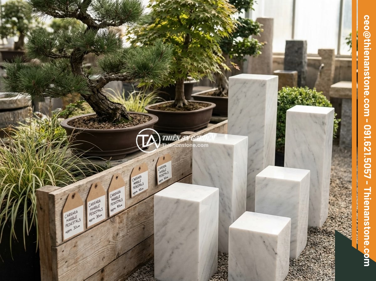 Đôn đá kê cây cảnh lớn cho không gian rộng: Gợi ý mẫu và kích thước phù hợp - A size comparison chart showing different stone pedestals of varying dimensions 