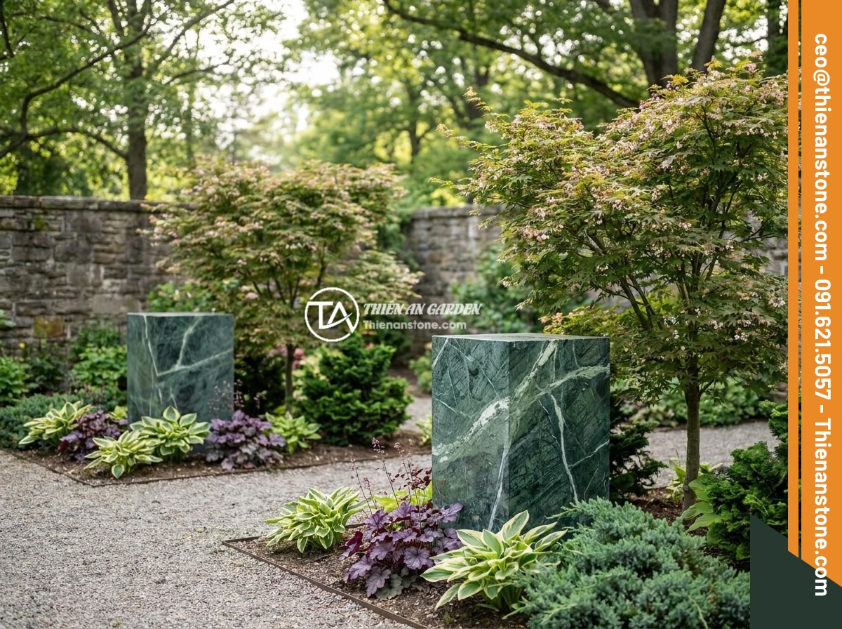 Đôn đá kê cây cảnh lớn cho không gian rộng: Gợi ý mẫu và kích thước phù hợp - A professionally designed garden scene demonstrating proper proportion between l