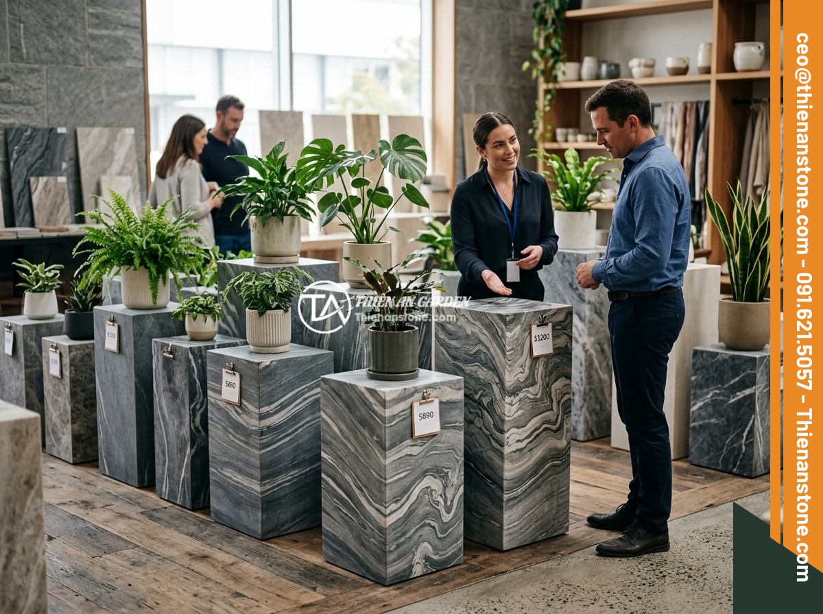 Đôn đá kê cây cảnh: Mẫu đẹp, kích thước và cách chọn cho không gian xanh - A showroom displaying premium natural stone pedestals for ornamental plants, wit