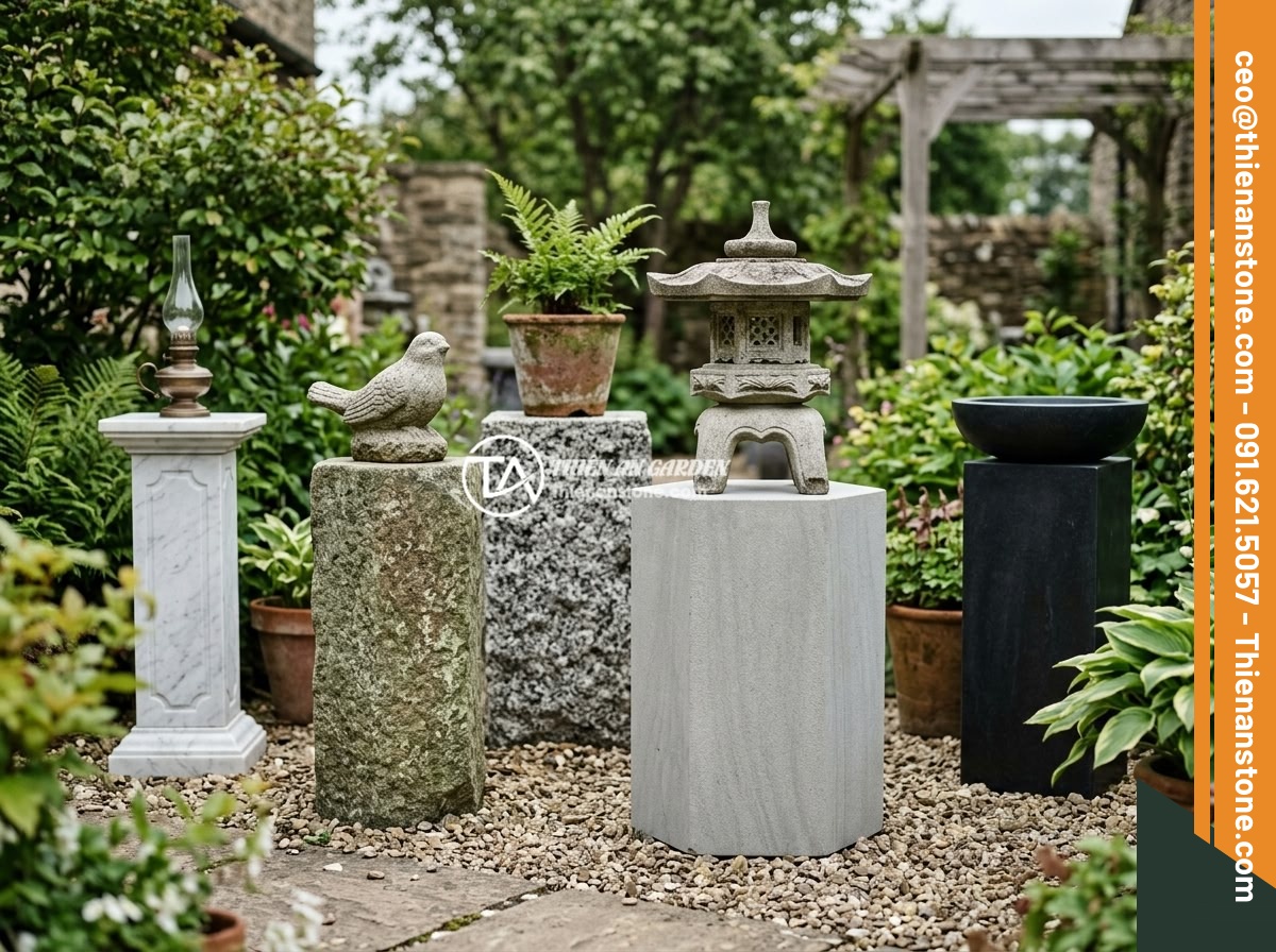 Đôn đá kê cây cảnh: Mẫu đẹp, kích thước và cách chọn cho không gian xanh - Various types of natural stone pedestals made from green stone, marble, granite,