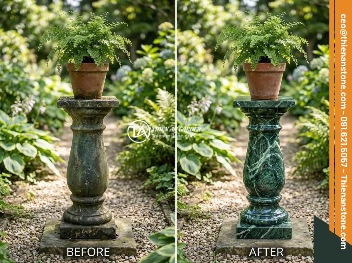 Đôn đá kê cây cảnh: Mẫu đẹp, kích thước và cách chọn cho không gian xanh - Before and after comparison of a stone pedestal maintenance process, showing cle