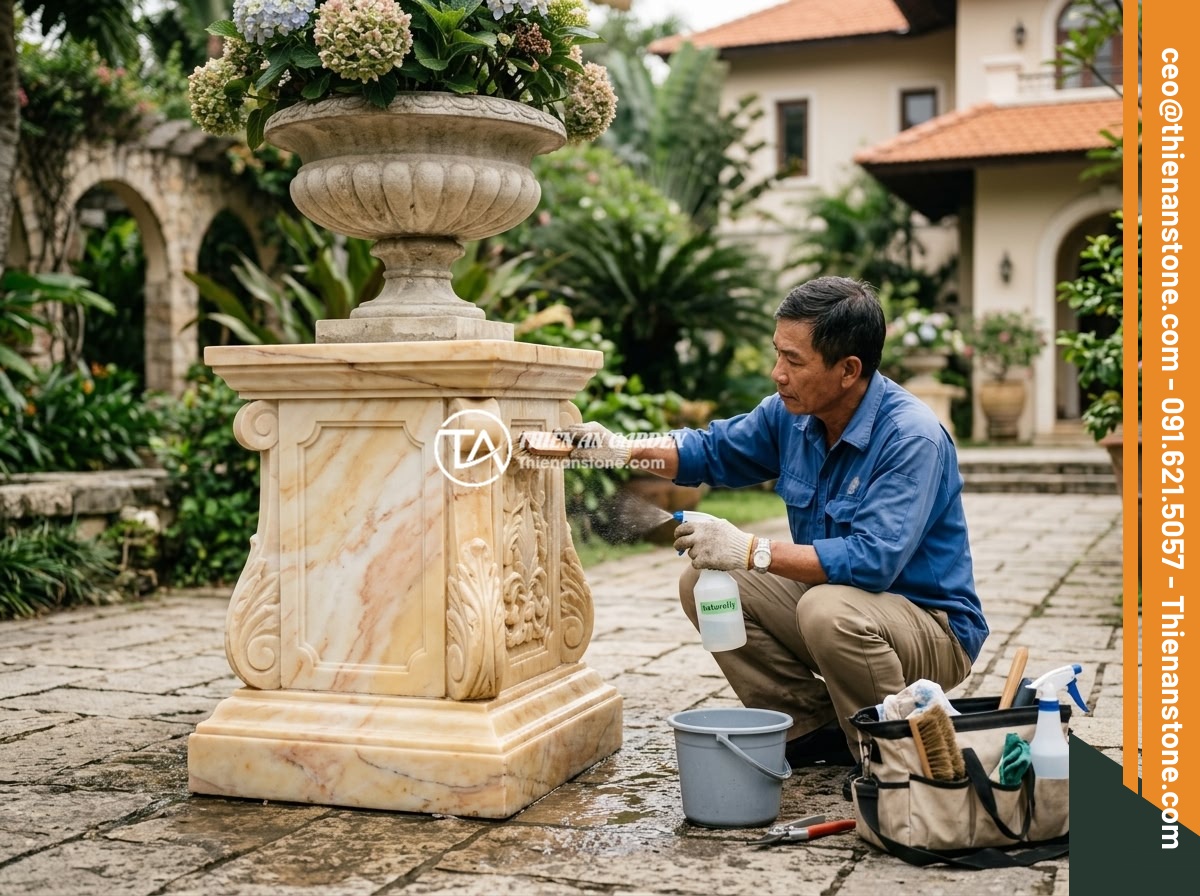 Đôn đá kê tượng là gì? Vai trò và ý nghĩa trong thiết kế tiểu cảnh, non bộ - A gardener cleaning and maintaining a large granite stone pedestal in a luxury v