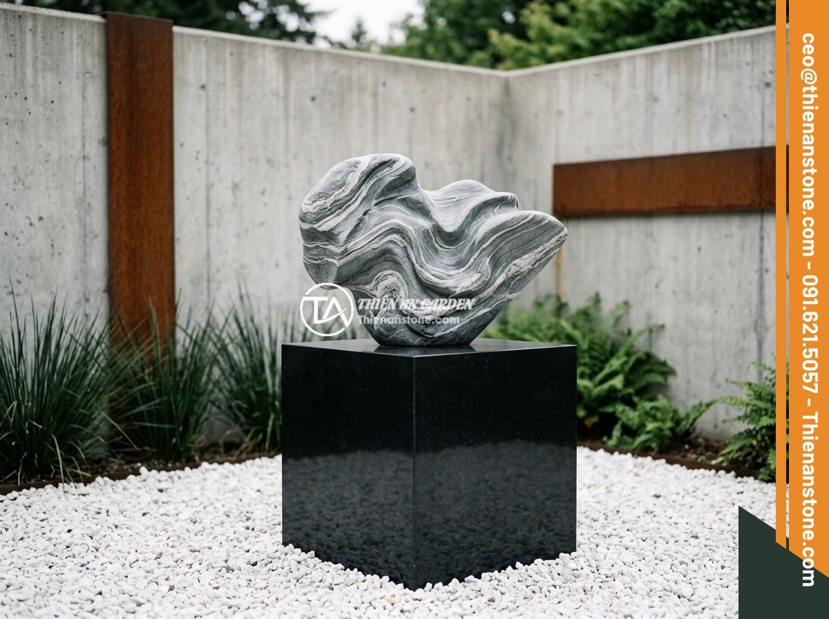 Đôn đá kê tượng là gì? Vai trò và ý nghĩa trong thiết kế tiểu cảnh, non bộ - A modern minimalist garden featuring a sleek black granite stone pedestal with a