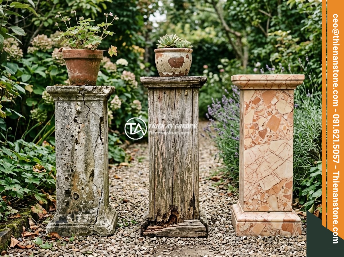 Đôn đá kê tượng là gì? Vai trò và ý nghĩa trong thiết kế tiểu cảnh, non bộ - A side-by-side comparison in a garden: a weathered cracked concrete pedestal vs 