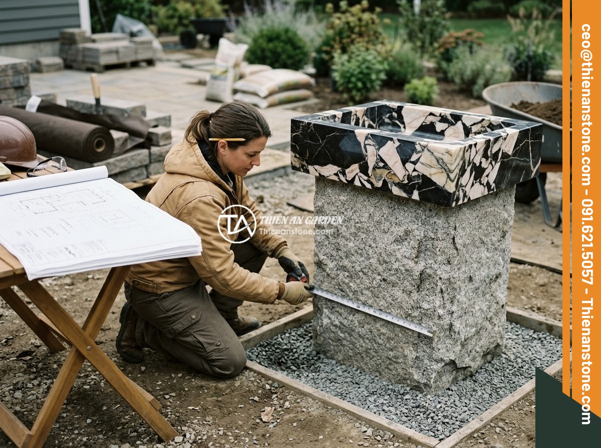 Đôn đá kê tượng là gì? Vai trò và ý nghĩa trong thiết kế tiểu cảnh, non bộ - A professional landscape architect measuring and positioning a large stone pedes