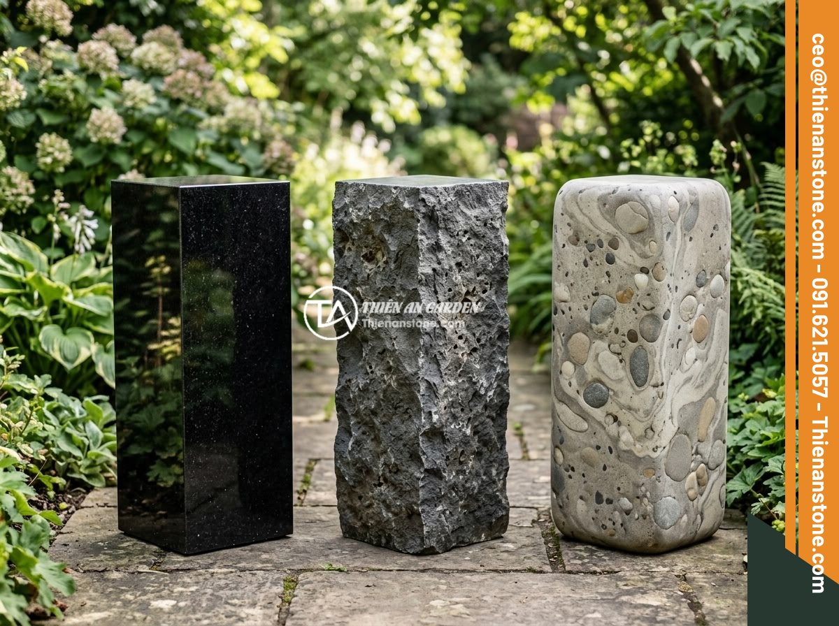 Đôn đá kê tượng là gì? Vai trò và ý nghĩa trong thiết kế tiểu cảnh, non bộ - Three different types of stone pedestals side by side for comparison: polished b