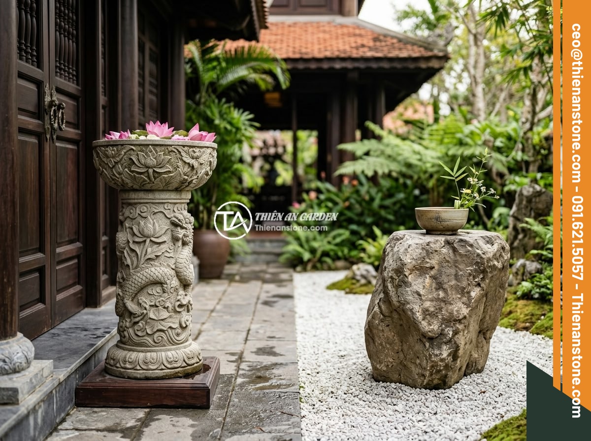 Đôn đá kê tượng là gì? Vai trò và ý nghĩa trong thiết kế tiểu cảnh, non bộ - Ornately carved stone pedestals with lotus flower and dragon motifs placed at th