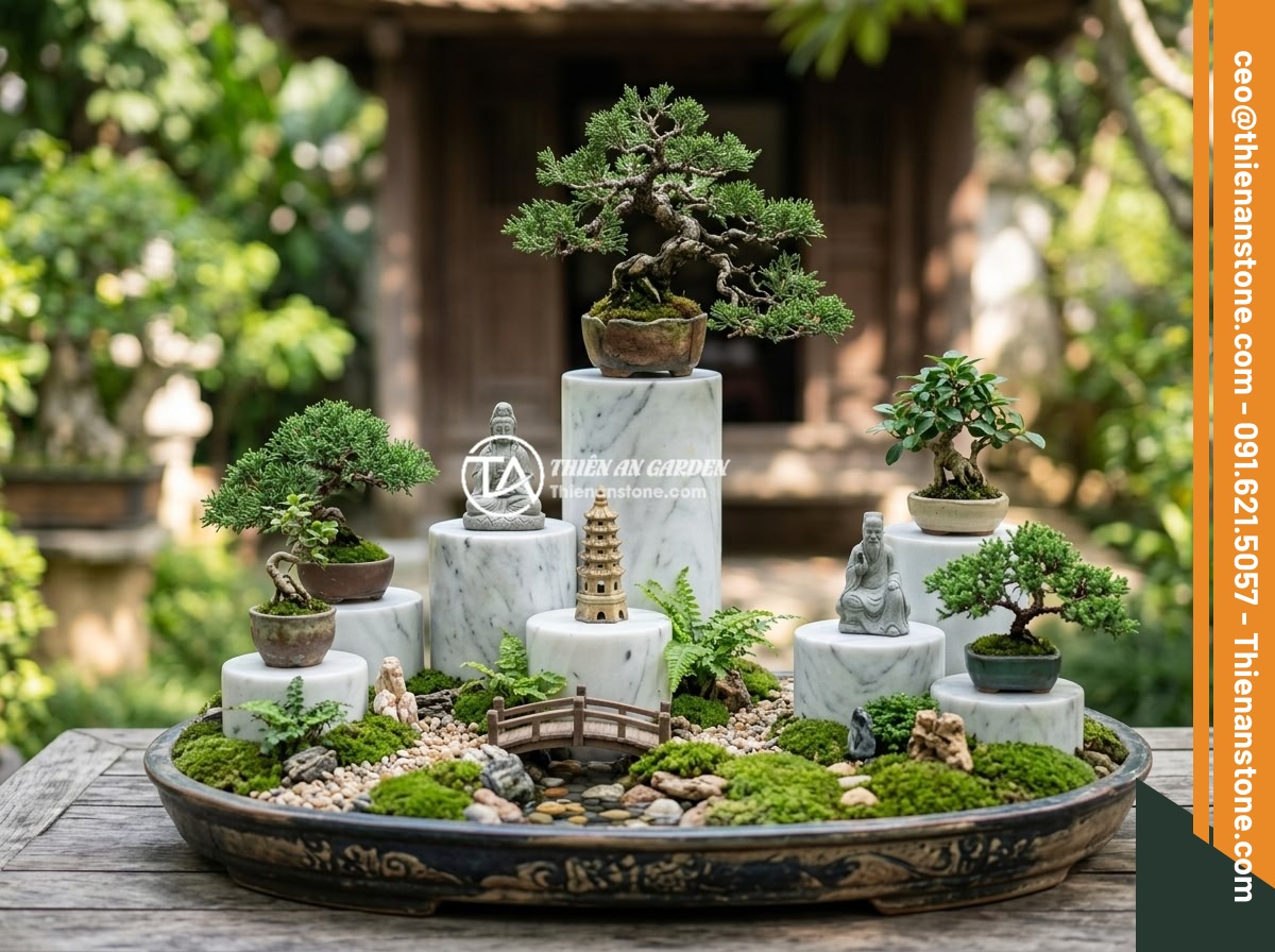Đôn đá kê tượng là gì? Vai trò và ý nghĩa trong thiết kế tiểu cảnh, non bộ - A beautifully arranged Vietnamese garden miniature landscape (tieu canh) showing