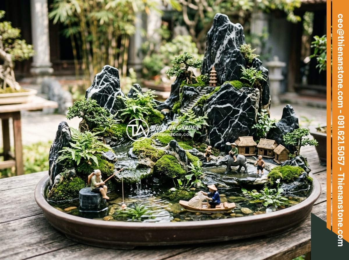 Đôn đá kê tượng là gì? Vai trò và ý nghĩa trong thiết kế tiểu cảnh, non bộ - A detailed Vietnamese non bo (miniature mountain landscape) with small stone ped