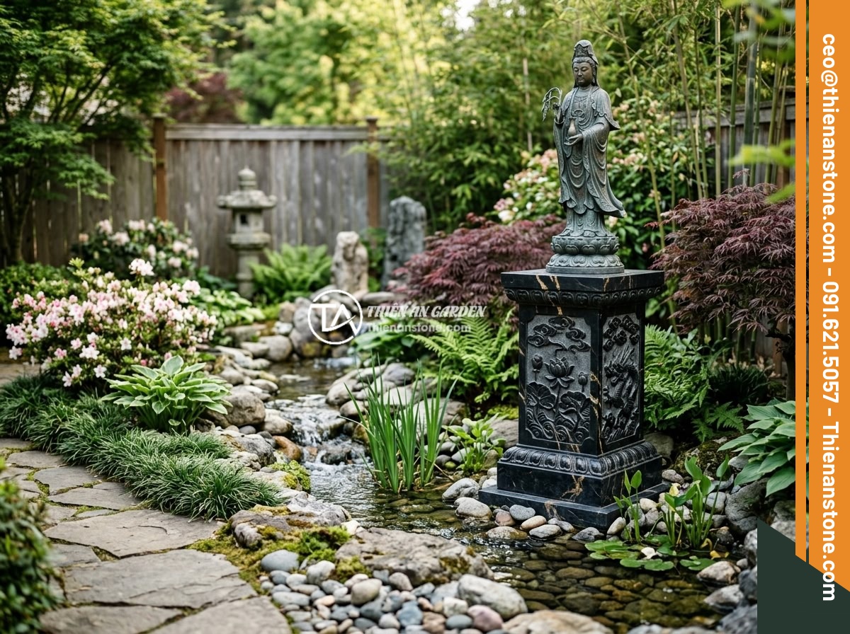 Đôn đá kê tượng là gì? Vai trò và ý nghĩa trong thiết kế tiểu cảnh, non bộ - A feng shui garden layout featuring stone pedestals positioned according to feng
