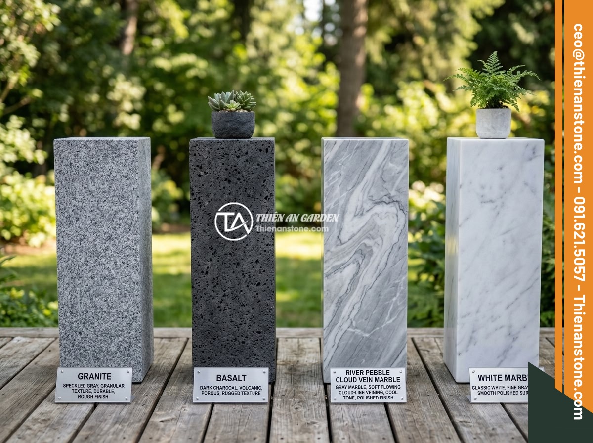 Đôn đá kê tượng là gì? Vai trò và ý nghĩa trong thiết kế tiểu cảnh, non bộ - A comparative display of four different stone pedestal types arranged neatly on 
