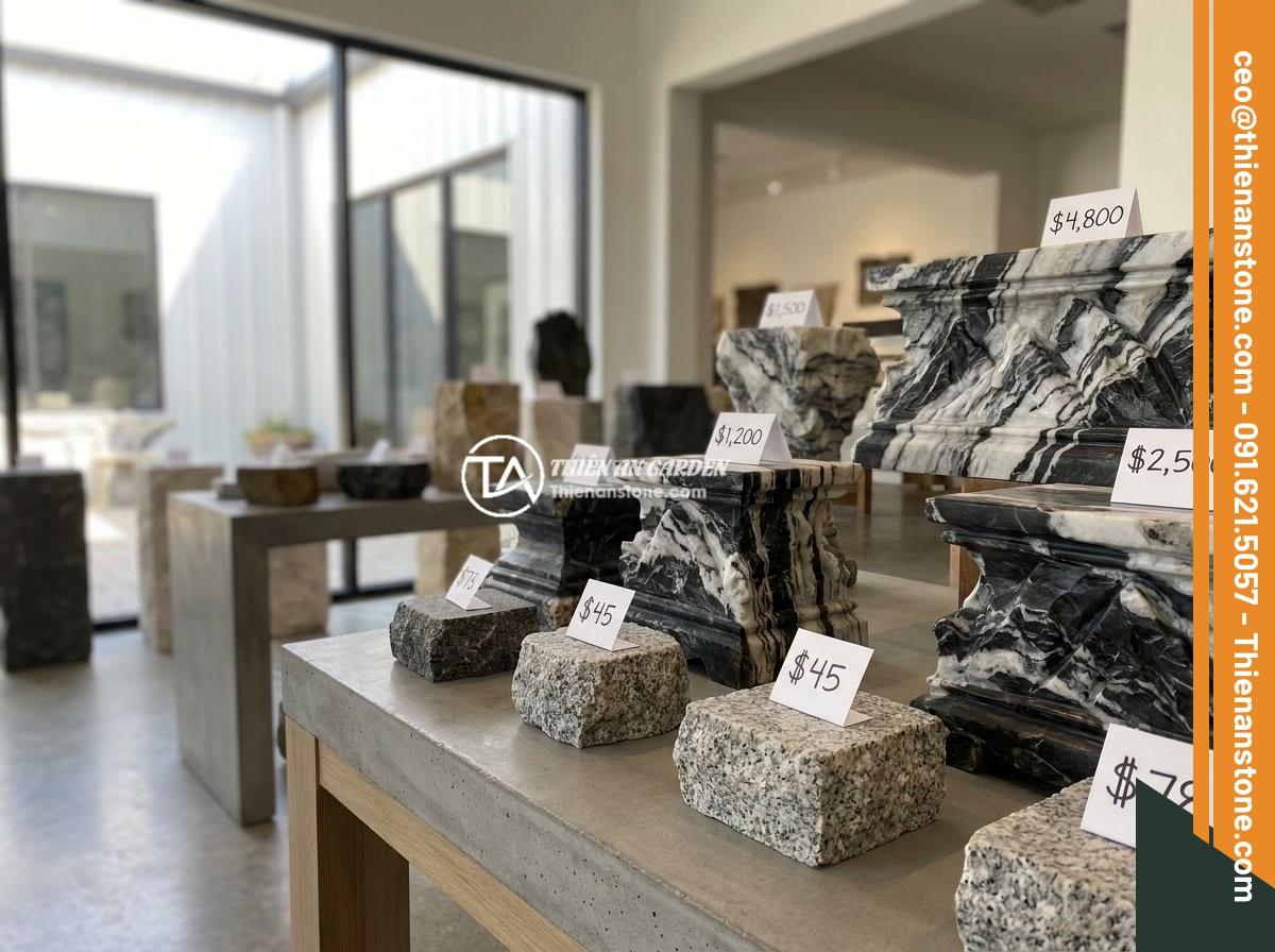 Đôn đá kê tượng phong thủy: Cách chọn và đặt vị trí mang lại tài lộc, bình an - A display of various priced natural stone pedestals in a stone gallery showroom,