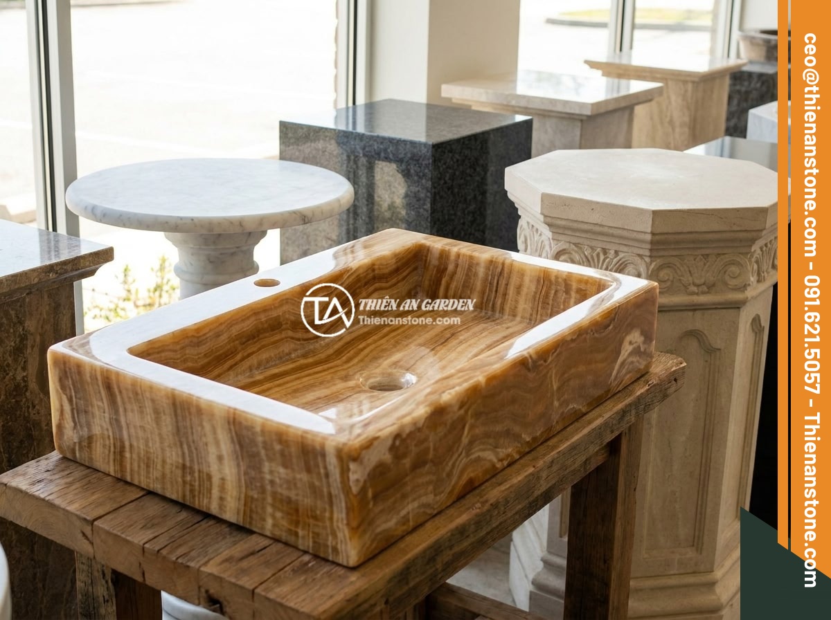 Đôn đá kê tượng phong thủy: Cách chọn và đặt vị trí mang lại tài lộc, bình an - Various types of natural stone pedestals arranged in a showroom, including round