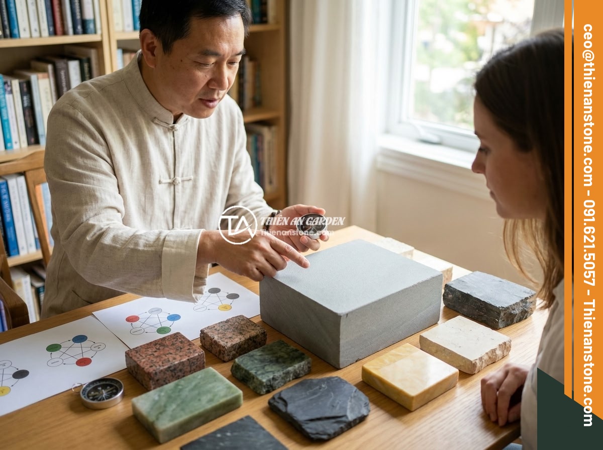 Đôn đá kê tượng phong thủy: Cách chọn và đặt vị trí mang lại tài lộc, bình an - A feng shui master consulting with a homeowner about selecting the right natural