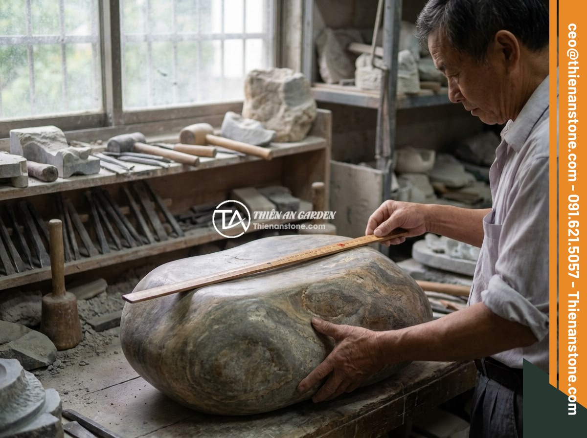 Đôn đá kê tượng phong thủy: Cách chọn và đặt vị trí mang lại tài lộc, bình an - A craftsman measuring a natural stone pedestal with a traditional Lỗ Ban ruler, 