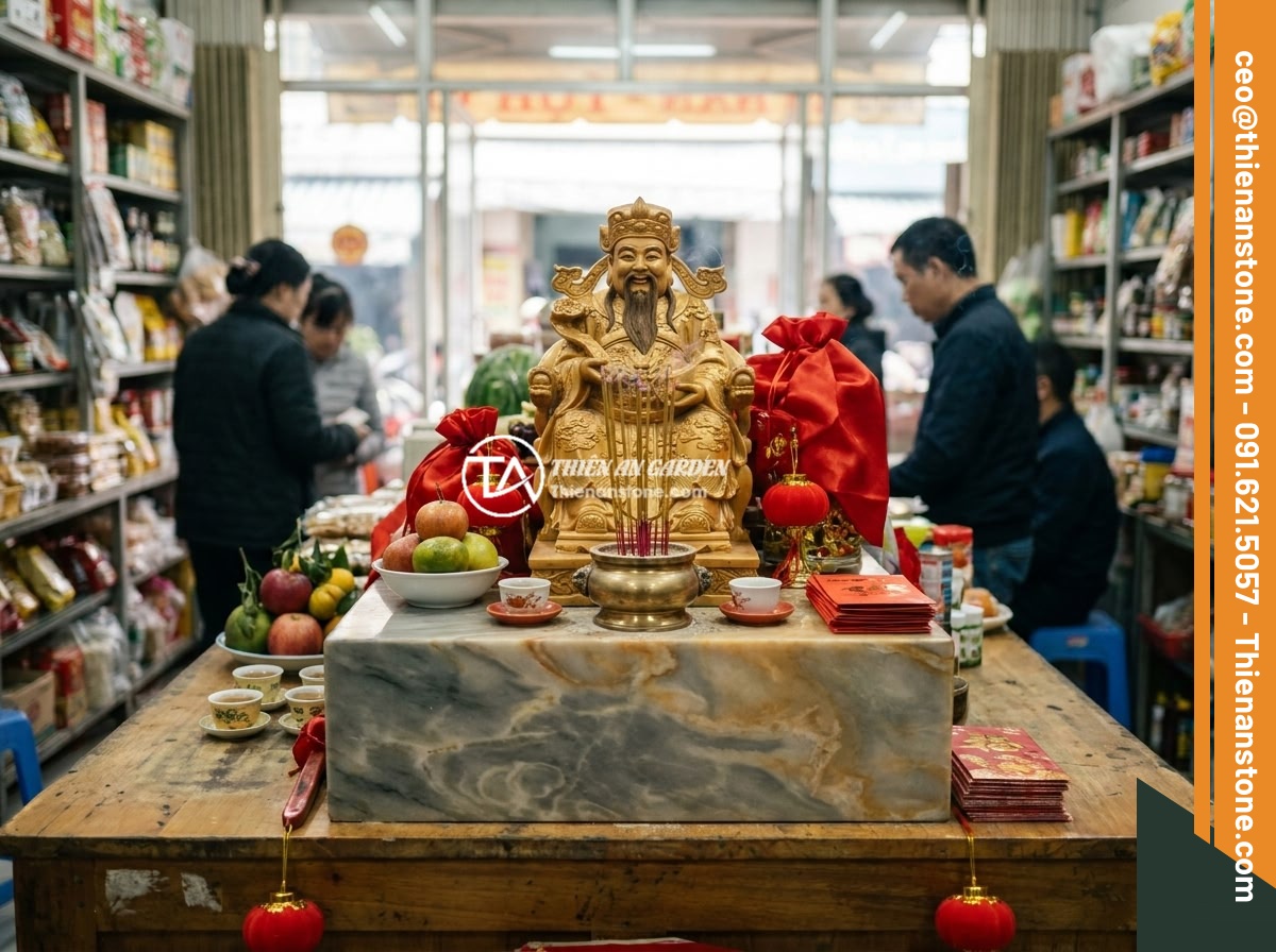 Đôn đá kê tượng phong thủy: Cách chọn và đặt vị trí mang lại tài lộc, bình an - An elaborate feng shui arrangement showing a God of Wealth statue on a golden-to