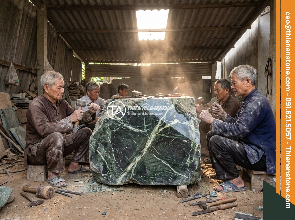 Đôn đá kê tượng phong thủy: Cách chọn và đặt vị trí mang lại tài lộc, bình an - Skilled Vietnamese artisans hand-carving intricate patterns on a large natural s