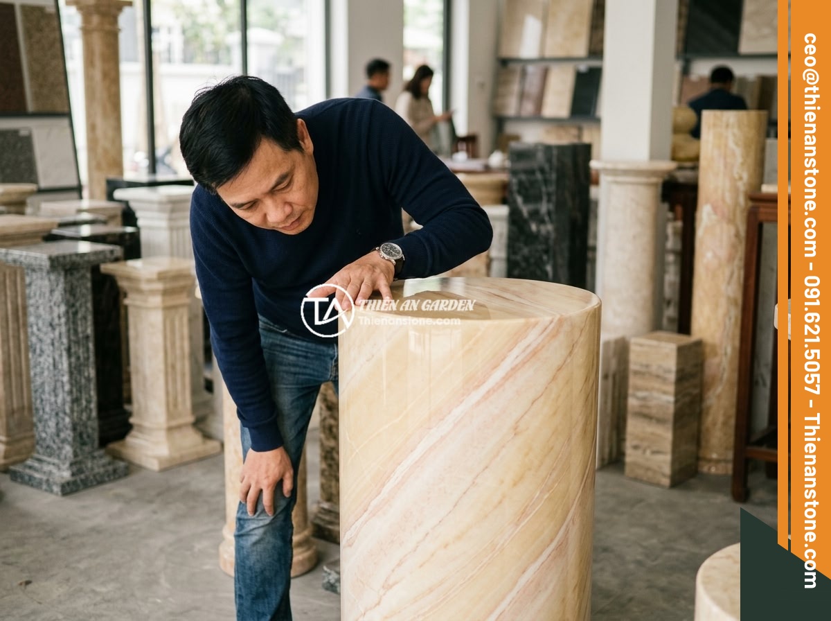 Đôn đá mài là gì? Đặc điểm, ưu điểm và ứng dụng trong không gian hiện đại - A customer carefully examining the polished surface quality of a natural stone p
