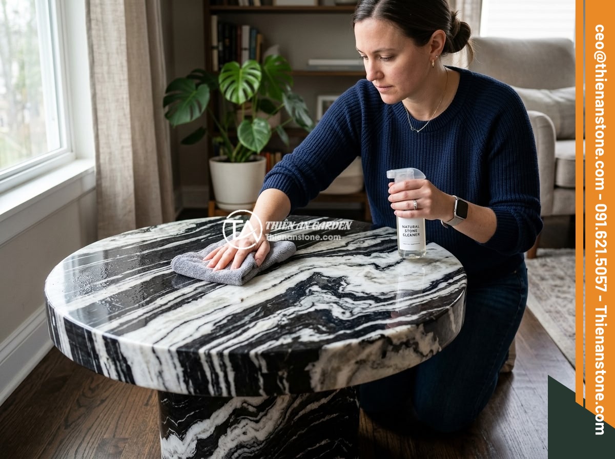 Đôn đá mài là gì? Đặc điểm, ưu điểm và ứng dụng trong không gian hiện đại - A person gently cleaning a polished marble stone pedestal with a soft microfiber