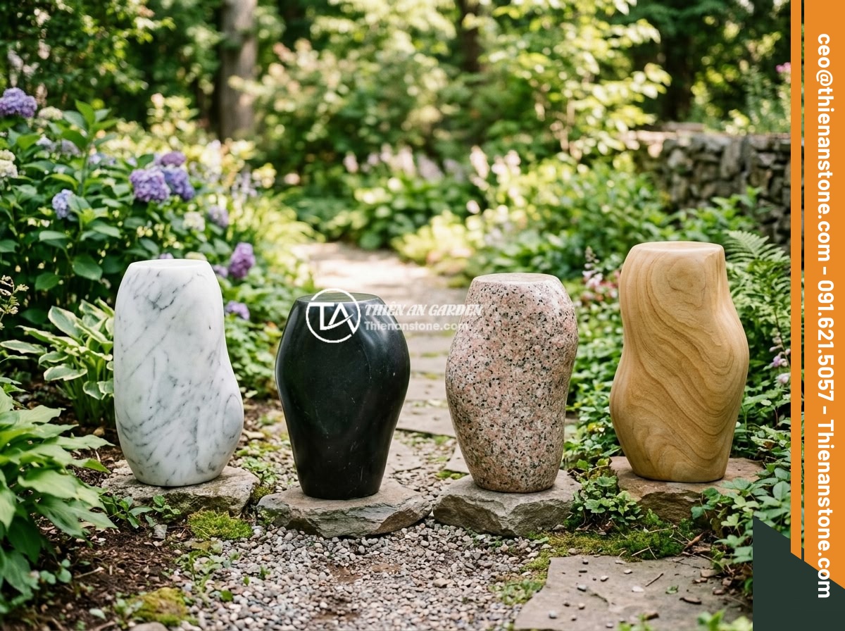 Đôn đá mài là gì? Đặc điểm, ưu điểm và ứng dụng trong không gian hiện đại - A collection of polished stone pedestals made from different materials including