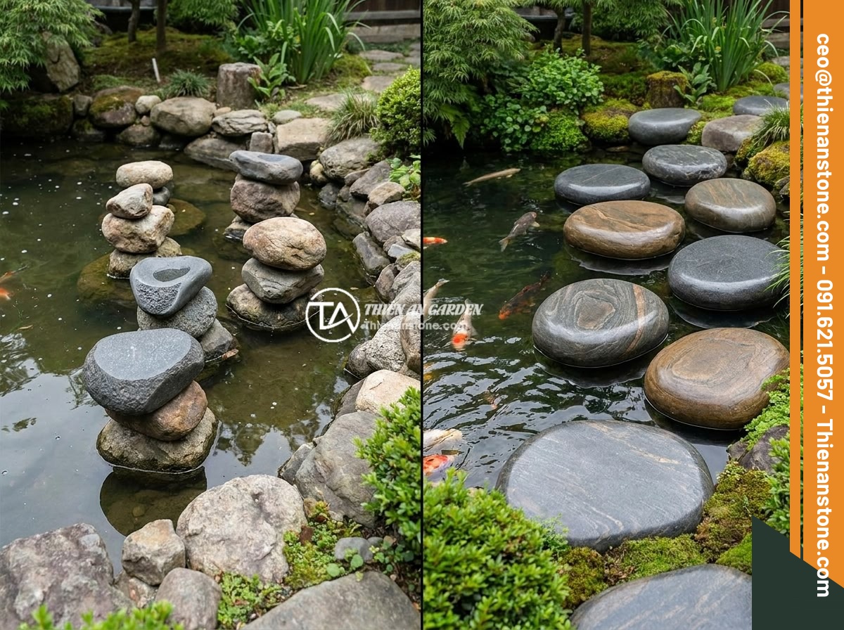 Đôn đá tự nhiên cho tiểu cảnh hồ cá Koi: Mẫu thiết kế và lưu ý quan trọng - A before-and-after comparison of a koi pond landscape: the left side showing poo