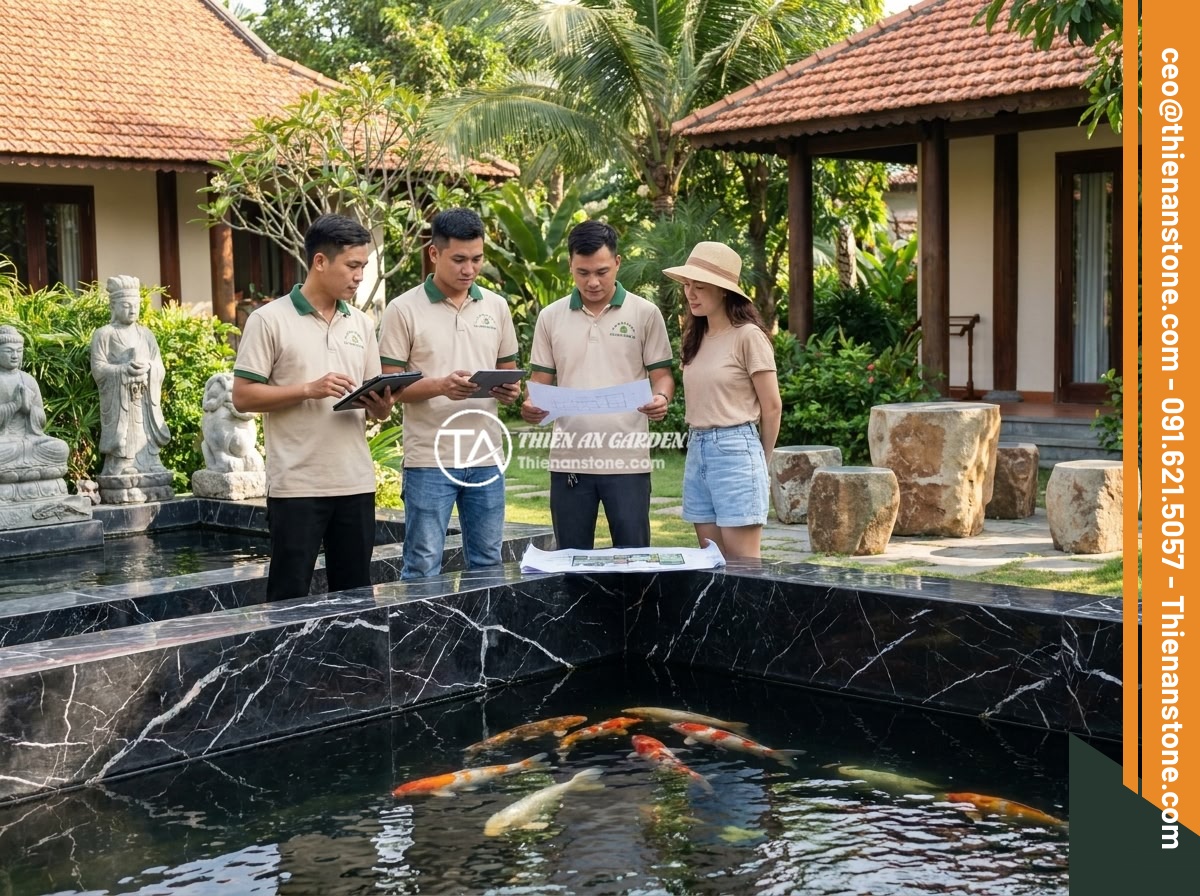Đôn đá tự nhiên cho tiểu cảnh hồ cá Koi: Mẫu thiết kế và lưu ý quan trọng - A professional landscape design team from Da Canh Thien An consulting with a hom
