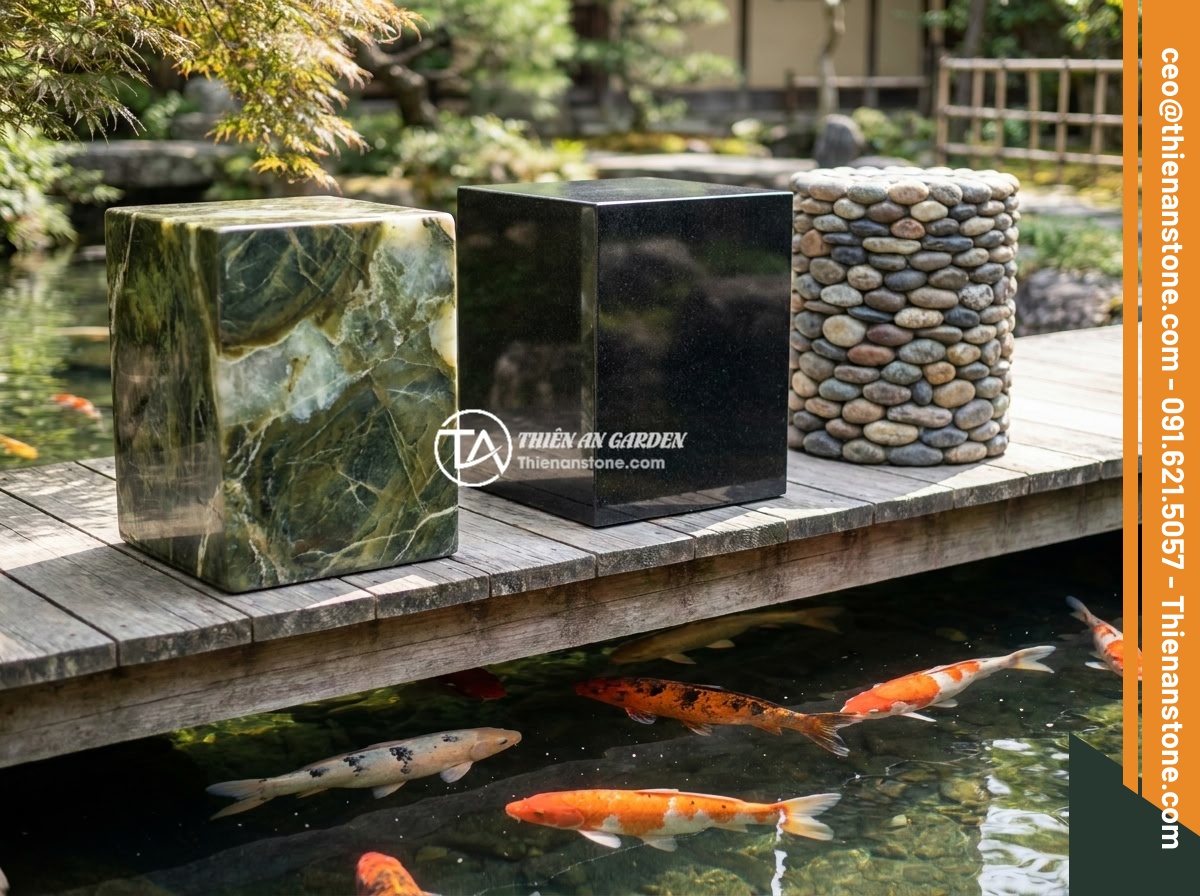 Đôn đá tự nhiên cho tiểu cảnh hồ cá Koi: Mẫu thiết kế và lưu ý quan trọng - Three different types of natural stone pedestals side by side - green stone pede