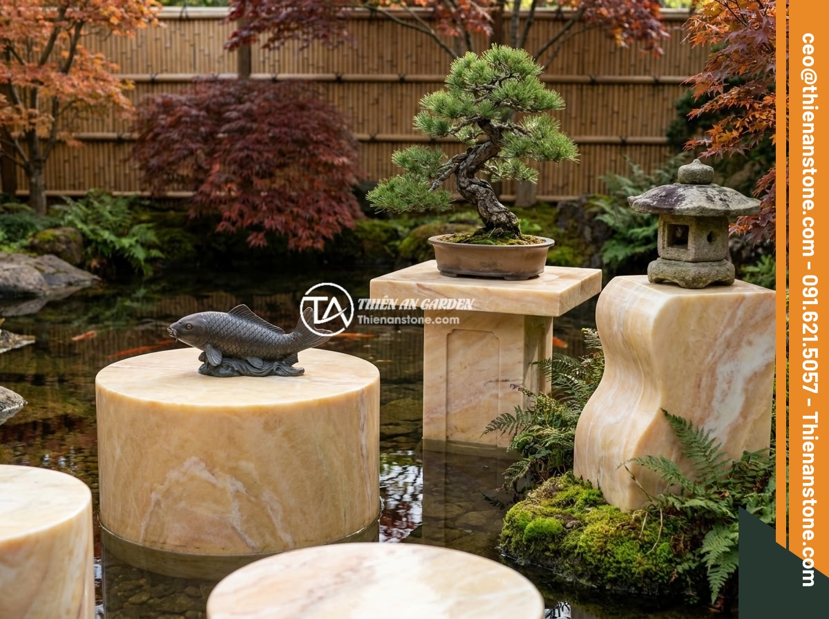 Đôn đá tự nhiên cho tiểu cảnh hồ cá Koi: Mẫu thiết kế và lưu ý quan trọng - A beautifully designed koi pond landscape featuring multiple natural stone pedes