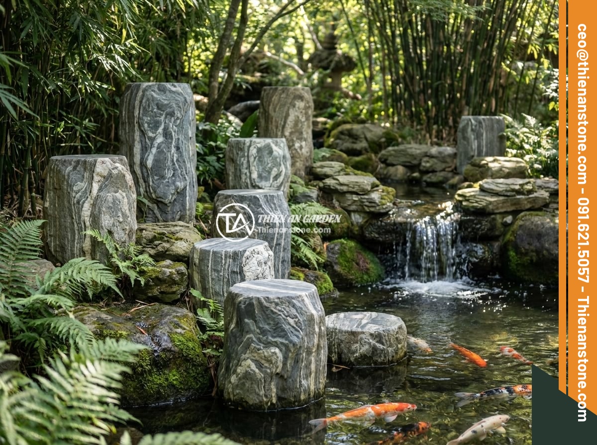 Đôn đá tự nhiên cho tiểu cảnh hồ cá Koi: Mẫu thiết kế và lưu ý quan trọng - A feng shui-inspired koi pond garden with natural stone pedestals arranged in od
