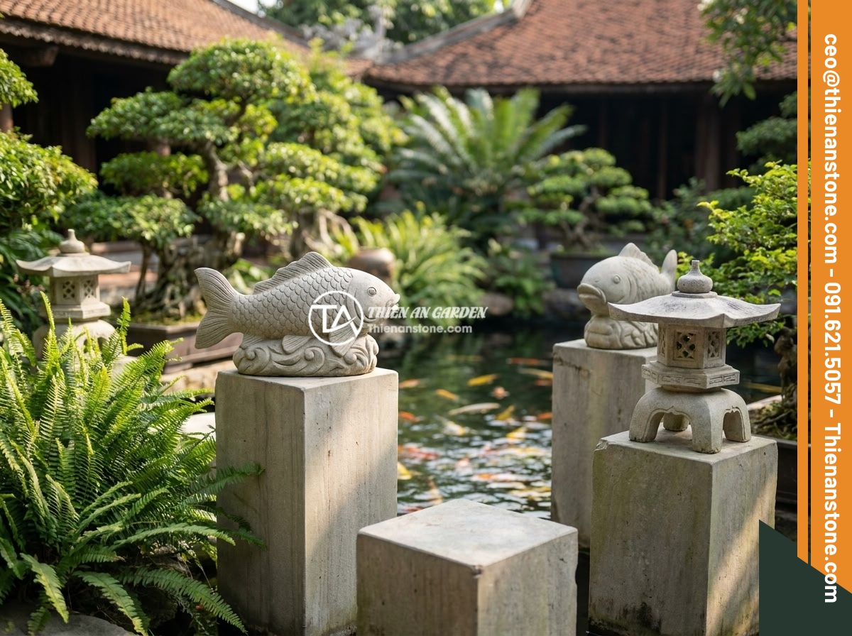 Đôn đá tự nhiên cho tiểu cảnh hồ cá Koi: Mẫu thiết kế và lưu ý quan trọng - A luxurious koi pond garden in a Vietnamese villa featuring premium natural ston