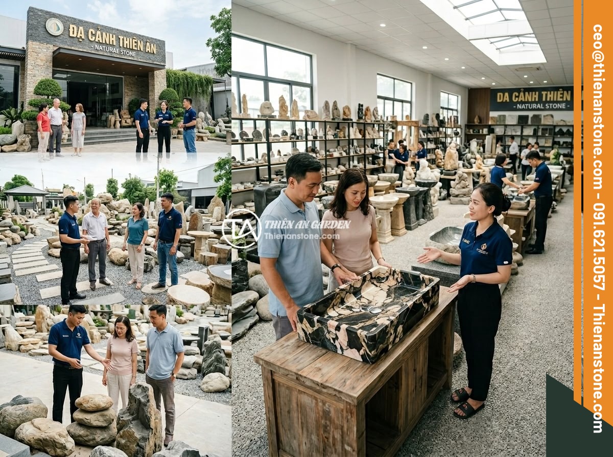 Đôn đá tự nhiên là gì? Đặc điểm, phân loại và ứng dụng phong thủy trong sân vườn - The Da Canh Thien An showroom exterior and interior panoramic view showcasing a 