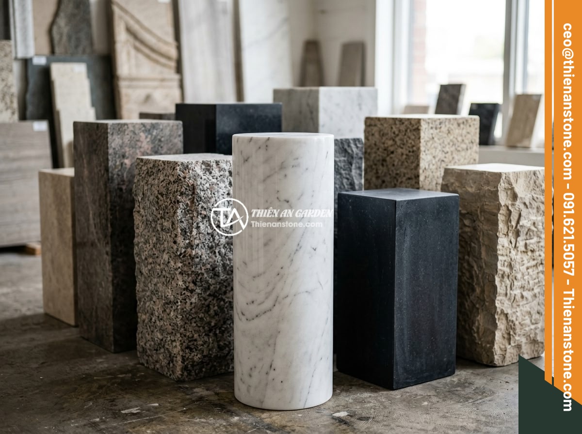 Đôn đá tự nhiên là gì? Đặc điểm, phân loại và ứng dụng phong thủy trong sân vườn - Close-up view of various natural stone pedestals showing different sizes, colors
