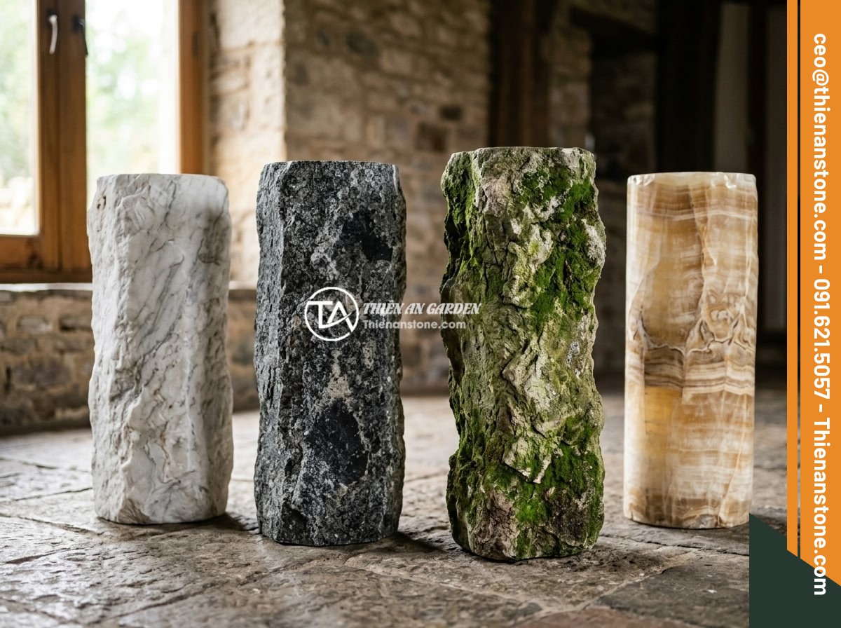 Đôn đá tự nhiên là gì? Đặc điểm, phân loại và ứng dụng phong thủy trong sân vườn - Collection of natural stone pedestals made from different materials including wh