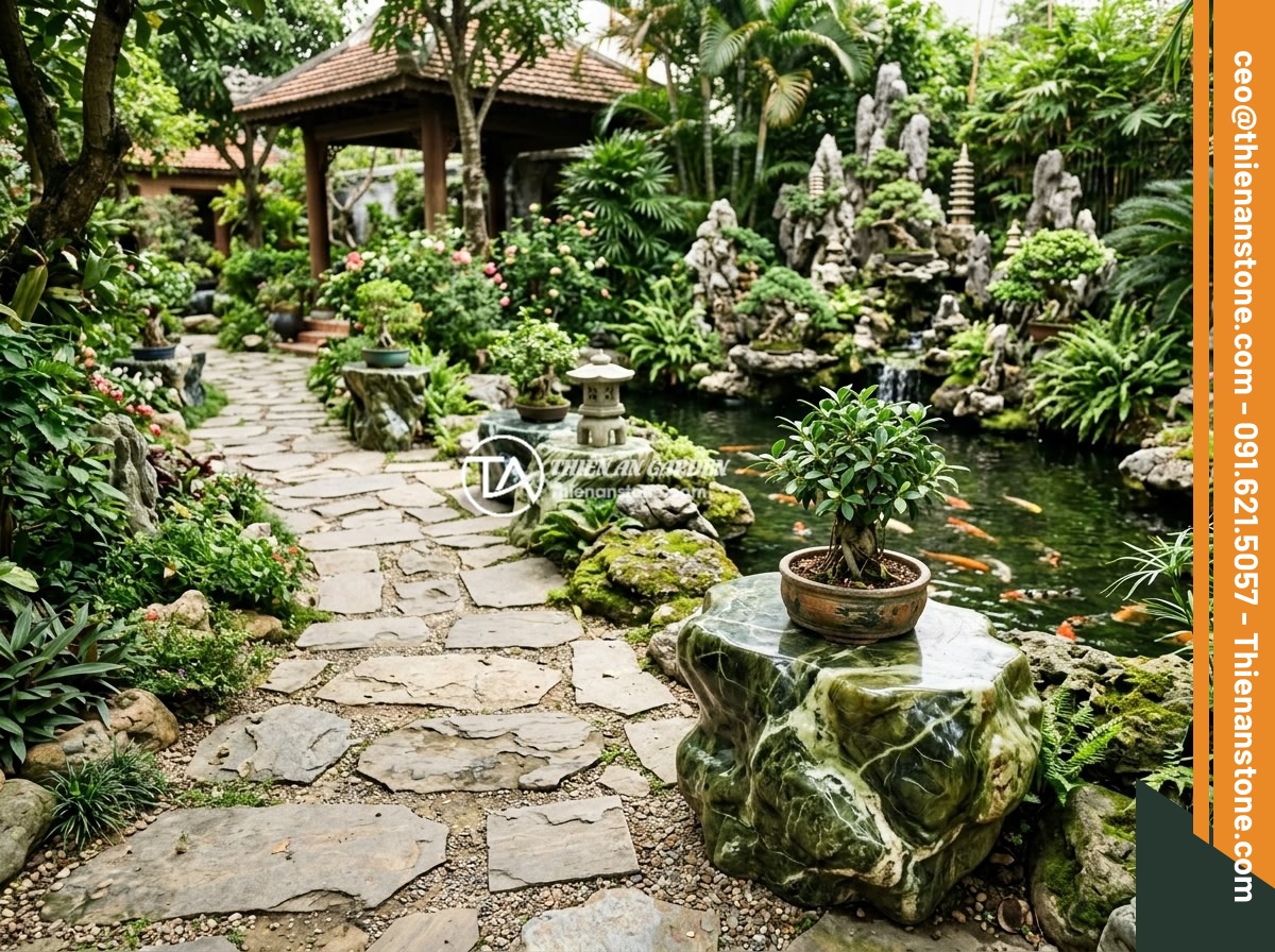 Đôn đá tự nhiên là gì? Đặc điểm, phân loại và ứng dụng phong thủy trong sân vườn - A beautifully designed Vietnamese garden featuring natural stone pedestals place