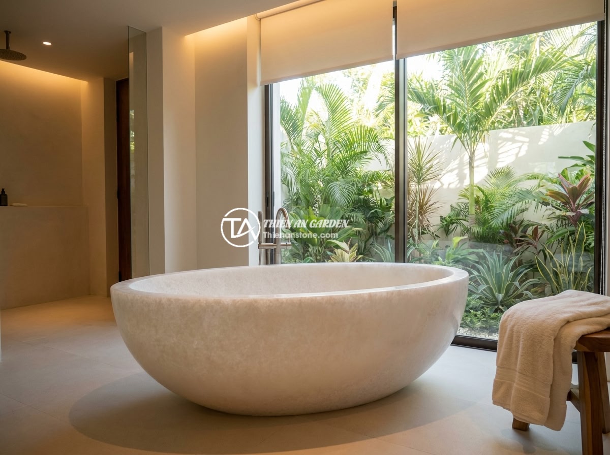 FAQ Bồn Tắm Đá Tự Nhiên: 15 Câu Hỏi Thường Gặp Và Giải Đáp Chi Tiết - A luxurious natural stone bathtub made from white marble with grey veins, placed