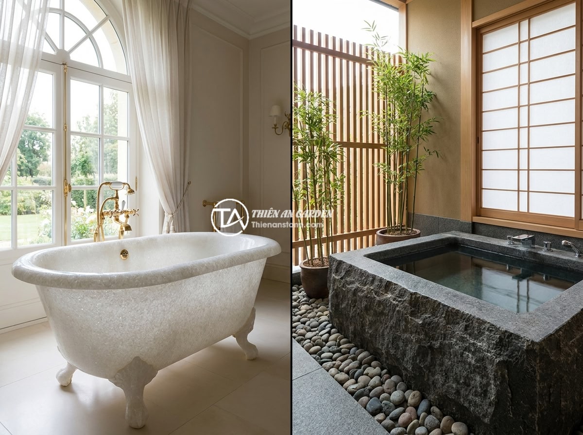 FAQ Bồn Tắm Đá Tự Nhiên: 15 Câu Hỏi Thường Gặp Và Giải Đáp Chi Tiết - Hình 7 FAQ Bồn Tắm Đá Tự Nhiên: 15 Câu Hỏi Thường Gặp Và Giải Đáp Chi Tiết - A split image showing two bathroom designs - one classic European style with orn
